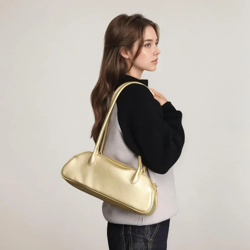 Women Golden PU Leather Shoulder Purse Elegant Swing Bag for daily use Work - Picture 2 of 7